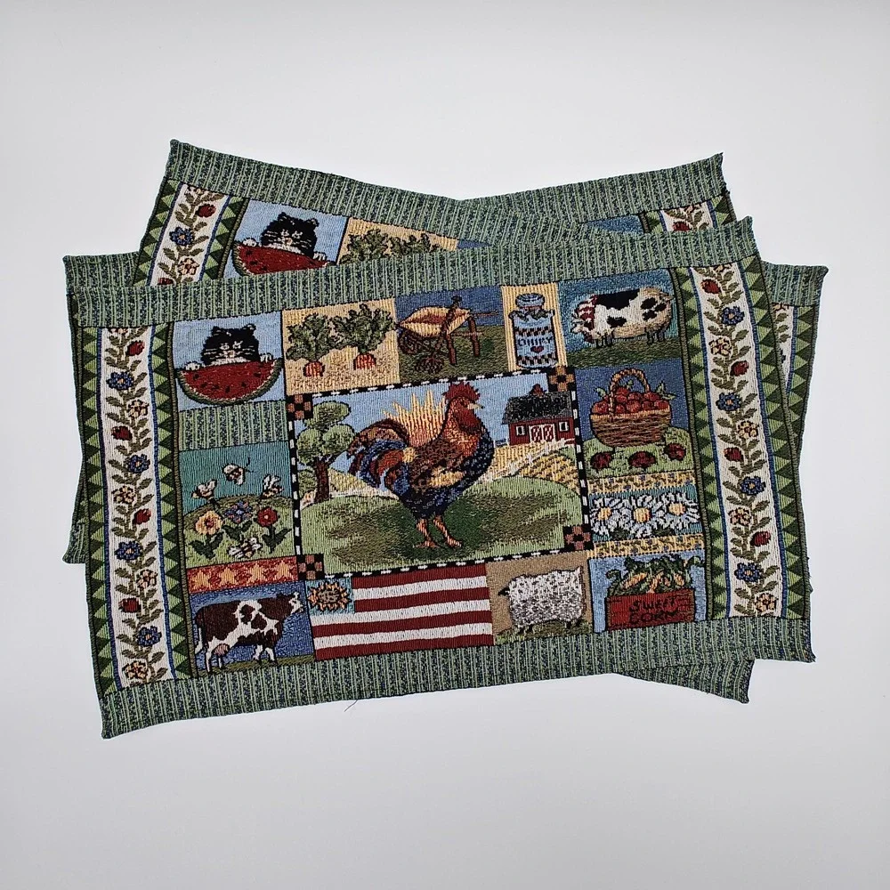 Set of 7 Vintage Farmhouse Rooster Tapestry Placemats Country Kitchen Woven‎
